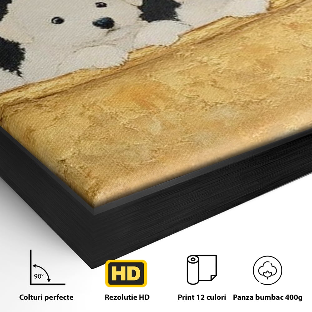 Detaliu al suprafetei: tablou canvas cu catei in cada, in rama de aluminiu negru